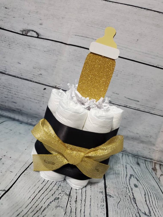 Mini Diaper Cake A Baby is Brewing Theme - Blue Pink Black and Gold Baby Bottle Baby Shower Centerpiece