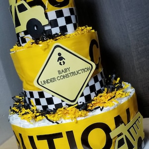 3 Tier Diaper Cake - Baby Under Construction Theme - Black and Yellow Baby Shower Centerpiece