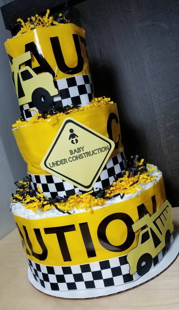 3 Tier Diaper Cake - Baby Under Construction Theme - Black and Yellow Baby Shower Centerpiece