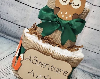 Adventure Awaits Woodland Theme - 2 Tier Diaper Cake - Green and Brown Fox Owl Baby Shower Centerpiece