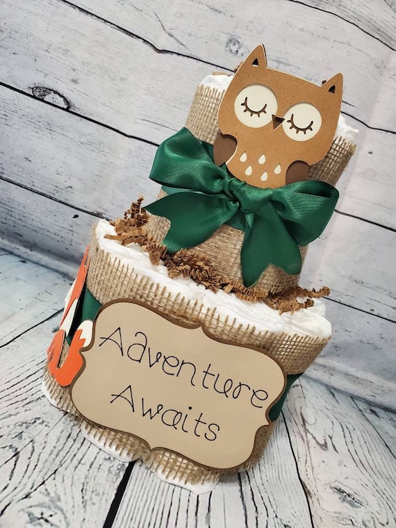 Adventure Awaits Woodland Theme - 2 Tier Diaper Cake - Green and Brown Fox Owl Baby Shower Centerpiece