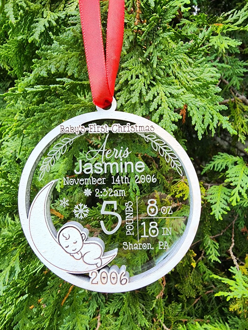 Baby's First Christmas Ornament Custom Baby Stats Christmas Gift Personalized Newborn Baby Christmas Gift Clear and White Ornament image 6