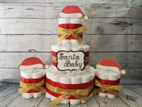 Santa Baby Theme Red and Gold White and Red - 3 Tier Diaper Cake and mini 3 piece set - Winter Theme Christmas Xmas Baby Shower Centerpiece