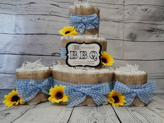 3 Tier Diaper Cake and mini 3 piece set - BBQ Baby Q Diaper Cake - Burlap and Blue Pink Yellow Red Checker Diaper Cake Fall  Baby Shower