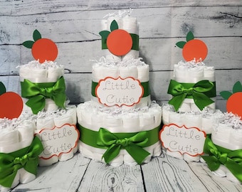 3 Tier Diaper Cake 5 piece set - Little Cutie Orange White and Green Theme - Clementine