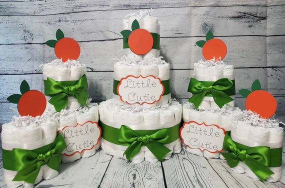 3 Tier Diaper Cake 5 piece set - Little Cutie Orange White and Green Theme - Clementine
