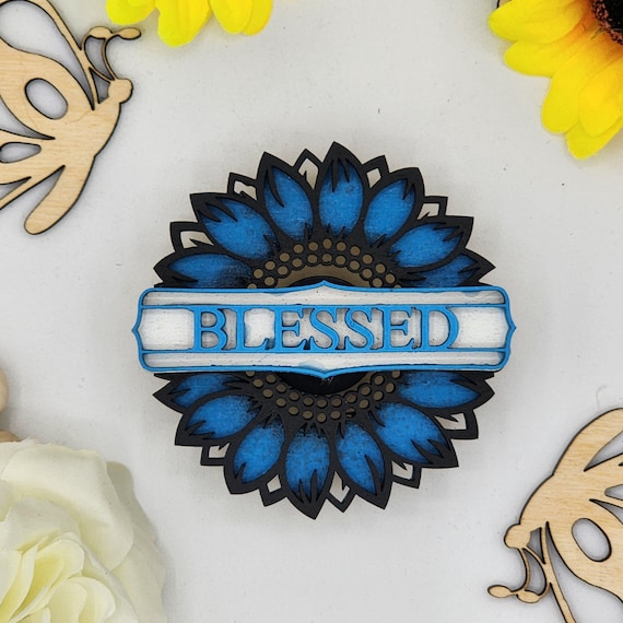 Blessed Sunflower Car Vent Clip with Diffuser foam pad Blue Black - Simple Gifts, 3" Wood decor, Mothers Day Gift Grandparents Gift Home
