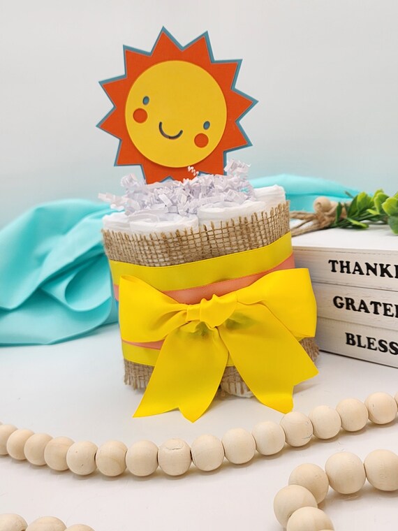 Mini Diaper Cake Here Comes the Son Theme - Turquoise Coral Yellow and Burlap with Sunshine Summer Fun Baby Shower Centerpiece