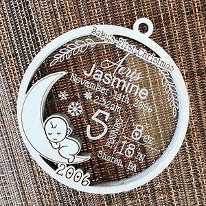 Baby's First Christmas Ornament Custom Baby Stats Christmas Gift Personalized Newborn Baby Christmas Gift Clear and White Ornament image 4