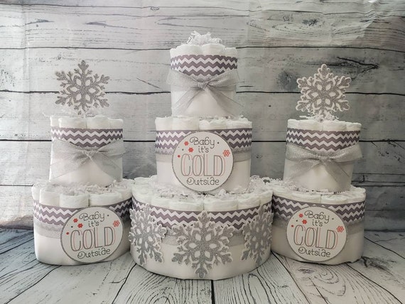 3 Tier Diaper Cake 3 piece set w 2 tiers - Baby it's Cold Outside Theme Silver Snowflakes Blue, Pink, Red - Winter Theme Baby Shower