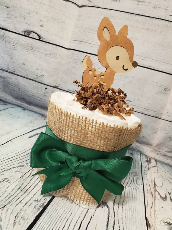 Mini Diaper Cake Adventure Awaits Woodland Theme - Green and Brown Fox Deer Owl Baby Shower Centerpiece
