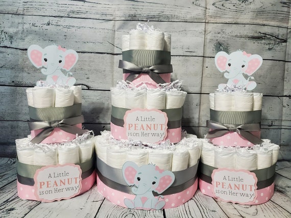 3 Tier Diaper Cake 3 piece set - Little Peanut Elephant Theme - Pink, Blue, Yellow, Green and Gray Elephant Baby Shower Centerpiece Virtual