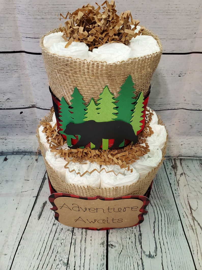 Adventure Awaits Woodland Theme 2 Tier Diaper Cake Red and Black Buffalo Check Bear and Deer Baby Shower Centerpiece