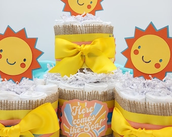 2 Tier Diaper Cake and mini 3 piece set - Here Comes the Son Theme - Turquoise Coral Yellow and Burlap with Sunshine Baby Shower Centerpiece