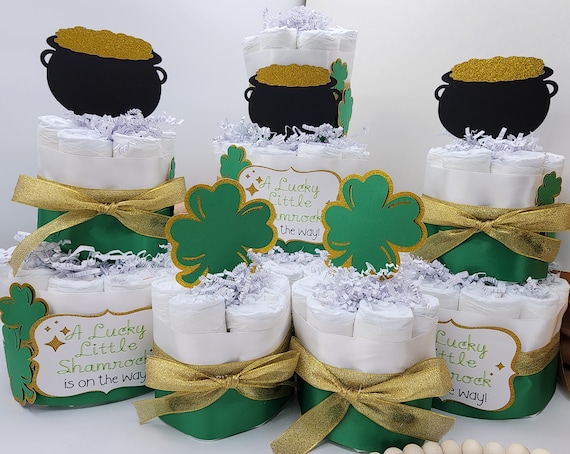 3 Tier Diaper Cake 5 piece set -  A Lucky Little Shamrock is on the Way! Theme - Green and Gold Clovers Pot of Gold Baby Shower Centerpiece
