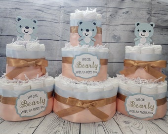 3 Tier Diaper Cake 3 piece set-Teddy Bear Theme Pink White Brown Blue Gold Peach Diaper Cake for Baby Shower We Can Bearly Wait to Meet You
