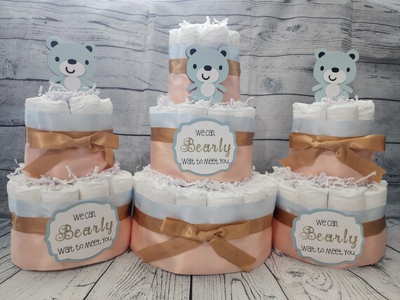3 Tier Diaper Cake 3 piece set-Teddy Bear Theme Pink White Brown Blue Gold Peach Diaper Cake for Baby Shower We Can Bearly Wait to Meet You