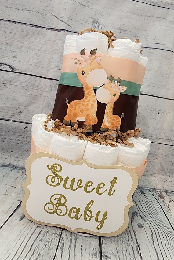 2 Tier Diaper Cake - Giraffe with Peach Brown and Sage Green Diaper Cake for Baby Shower / Sweet Baby Neutral Shower Centerpiece