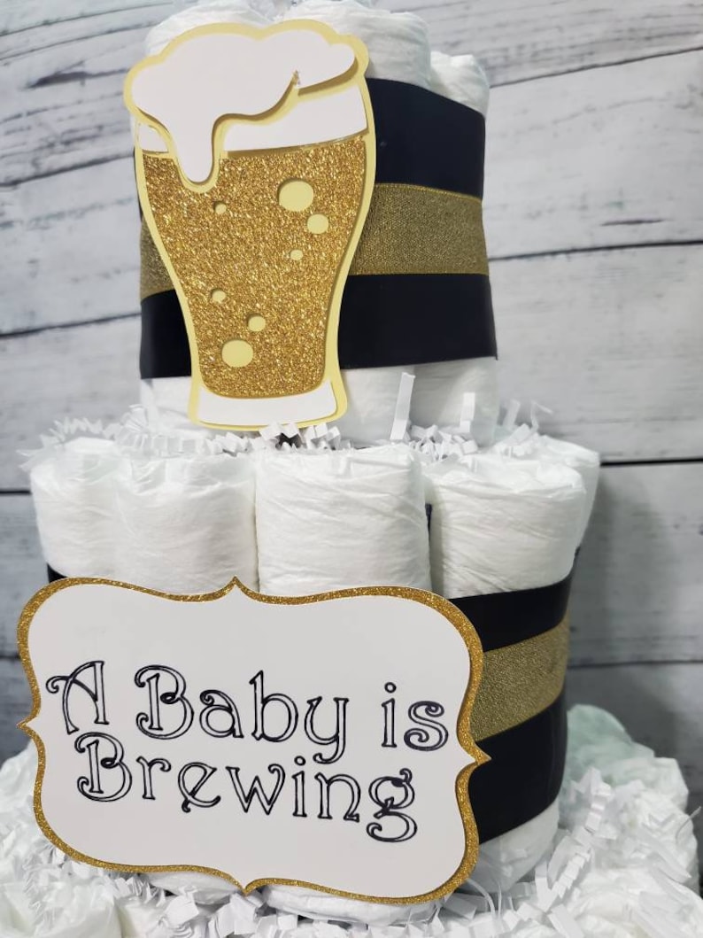 3 Tier Diaper Cake A Baby is Brewing Theme Black and Gold