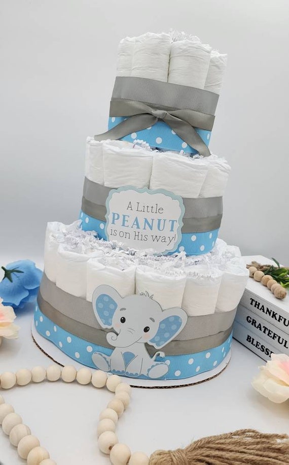 3 Tier Diaper Cake - Little Peanut Elephant Theme Blue Pink Yellow Eucalyptus and Gray Elephant Baby Shower Centerpiece Virtual Baby Shower