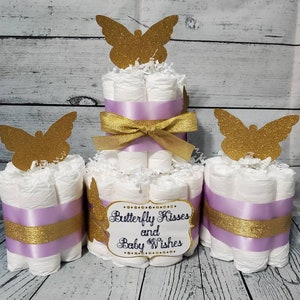 2 Tier Diaper Cake and mini 3 piece set - Butterfly Kisses and Baby Wishes Theme - Purple and Gold and Silver Baby Shower Centerpiece