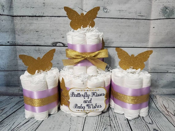 2 Tier Diaper Cake and mini 3 piece set - Butterfly Kisses and Baby Wishes Theme - Purple and Gold and Silver Baby Shower Centerpiece