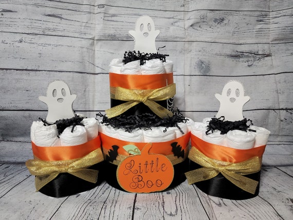 2 Tier Diaper Cake and mini 3 piece set - Little Boo Pumpkin Theme Gold Black Orange Ghost Spiderweb Bats Halloween Baby Shower Centerpiece