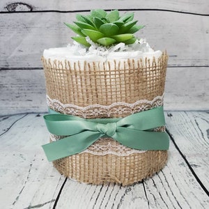 2 Tier Diaper Cake and mini 3 piece set Succulent theme Eucalyptus Green with Burlap Diaper Cake for Baby Shower / Neutral Shower image 6