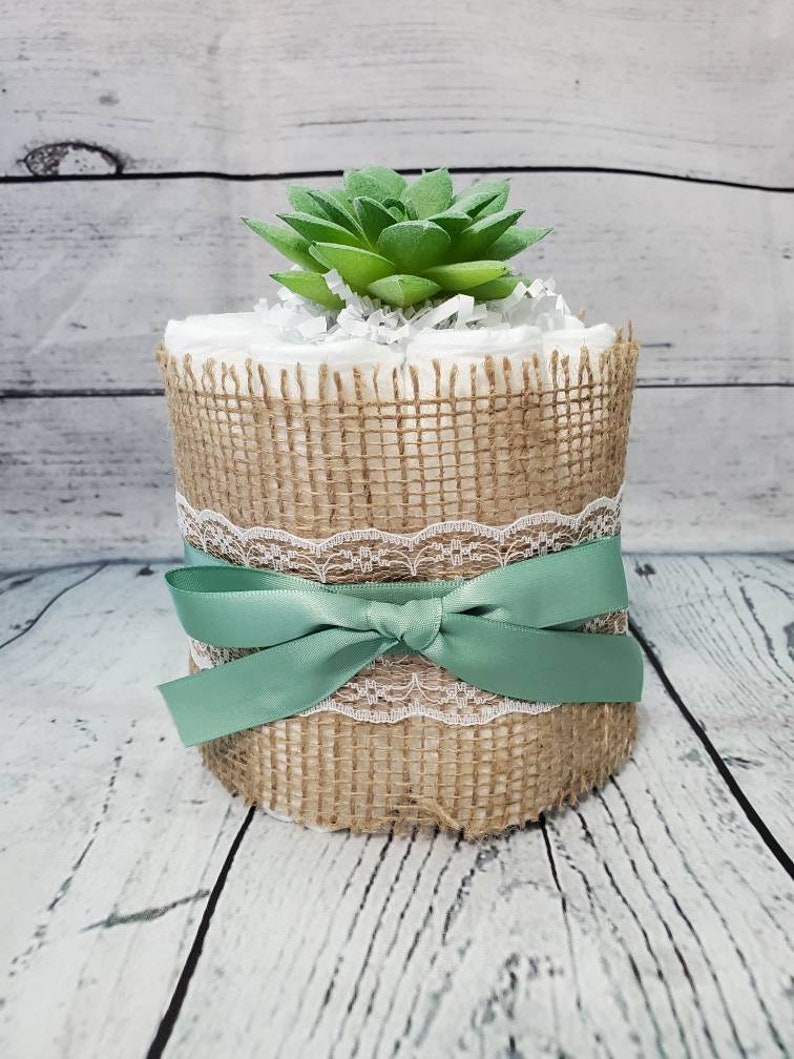 2 Tier Diaper Cake and mini 3 piece set Succulent theme Eucalyptus Green with Burlap Diaper Cake for Baby Shower / Neutral Shower image 6