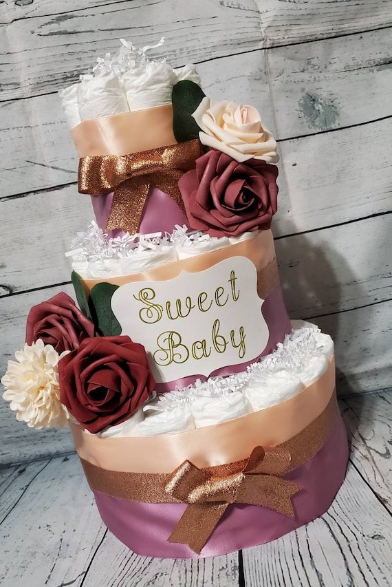 3 Tier Diaper Cake - Dusty Rose Gold Cake /Silk flowers Diaper Cake / Sweet Baby Diaper Cake / Dahlia Rose Diaper Cake / Mauve glitter Cake