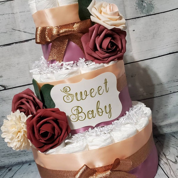 3 Tier Diaper Cake - Dusty Rose Gold Cake /Silk flowers Diaper Cake / Sweet Baby Diaper Cake / Dahlia Rose Diaper Cake / Mauve glitter Cake