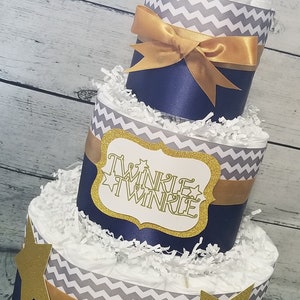 Twinkle Twinkle Gold and White Silver Neutral 3 Tier Diaper Cake Diaper Cake Baby Shower Diaper Cake Centerpiece Twinkle Diaper Cake Gold and Navy