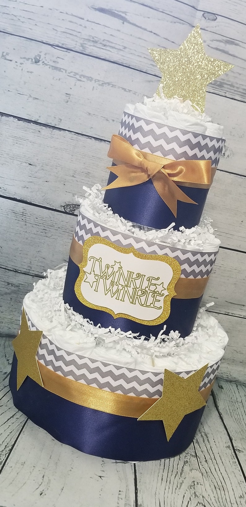 Twinkle Twinkle Gold and White Silver Neutral 3 Tier Diaper Cake Diaper Cake Baby Shower Diaper Cake Centerpiece Twinkle Diaper Cake Gold and Navy