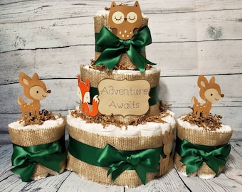 3 Tier Diaper Cake and mini 3 piece set - Adventure Awaits Woodland Theme - Green and Brown Fox Deer Owl Baby Shower Centerpiece