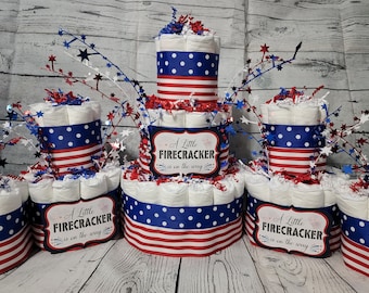 3 Tier Diaper Cake 5 piece set - Red White Blue Firecracker theme Diaper Cake for Baby Shower /  4th of July Baby Shower Centerpiece Stars