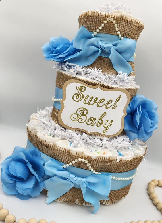 3 Tier Diaper Cake - Shabby Chic Diaper Cake / Vintage Burlap Mint Blue Teal Coral Blush Pink Diaper Cake / Sweet Baby Diaper Cake / Flower
