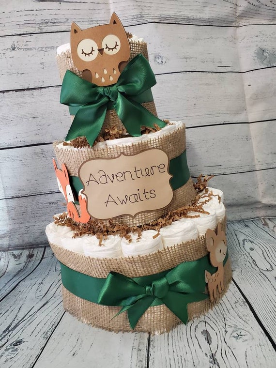 3 Tier Diaper Cake - Adventure Awaits Woodland Theme - Green and Brown Fox Deer Owl Baby Shower Centerpiece