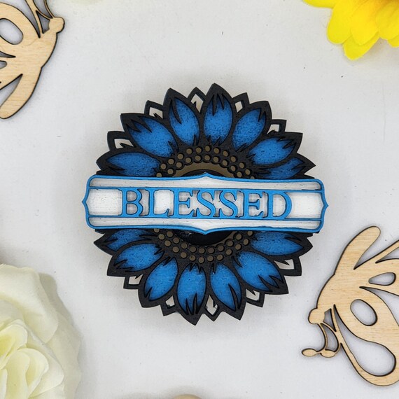Blessed Sunflower Car Vent Clip with Diffuser foam pad Blue Black - Simple Gifts, 3" Wood decor, Mothers Day Gift Grandparents Gift Home