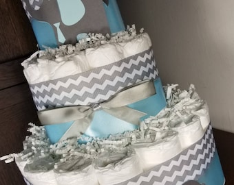 3 Tier Diaper Cake - Elephants with Blue Pink Yellow or Purple with Silver Chevron with Hearts Diaper Cake for Baby Shower Centerpiece