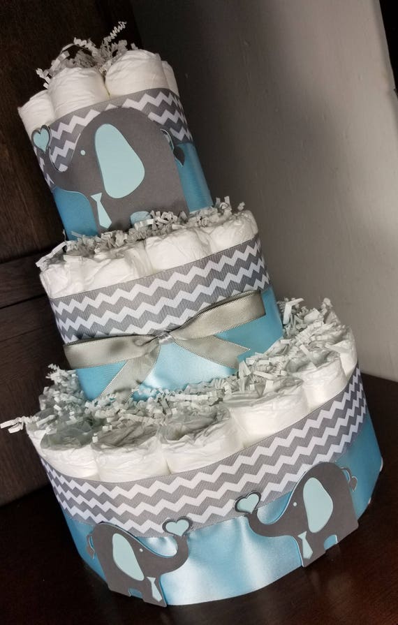 3 Tier Diaper Cake - Elephants with Blue Pink Yellow or Purple with Silver Chevron with Hearts Diaper Cake for Baby Shower Centerpiece