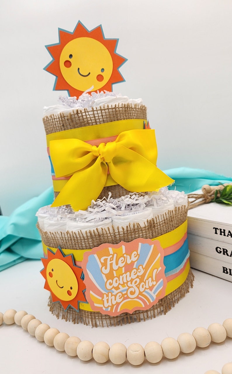 2 Tier Diaper Cake Here Comes the Son Theme Turquoise Coral Yellow and Burlap with Sunshine Summer Fun Baby Shower Centerpiece image 1