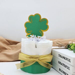 Mini Diaper Cake A Lucky Little Shamrock is on the Way Theme Green and Gold Clovers Baby Shower Centerpiece image 2