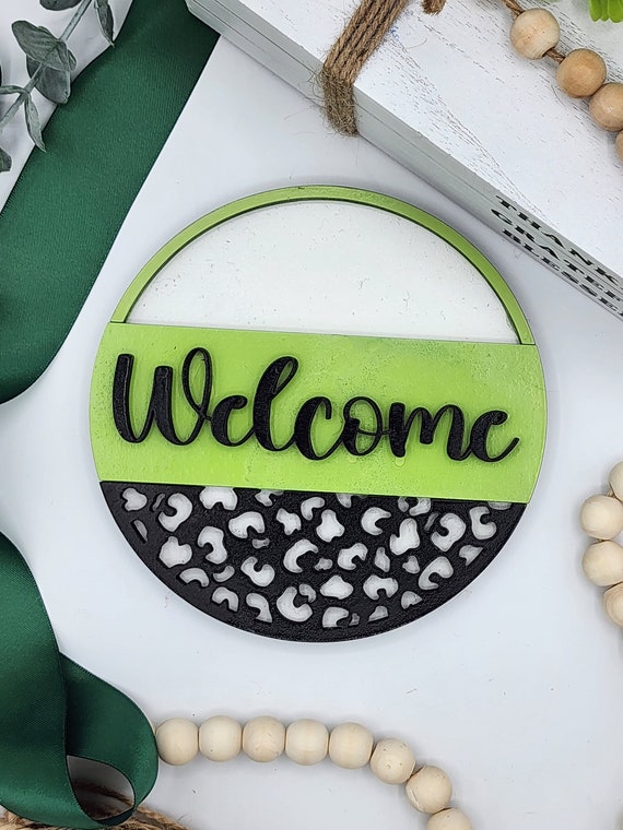 Welcome Sign with Animal Patterns - 6" Round INSERT ONLY - Green, Black and White Sign, Home Decor, Signs for Interchangeable Round Frame