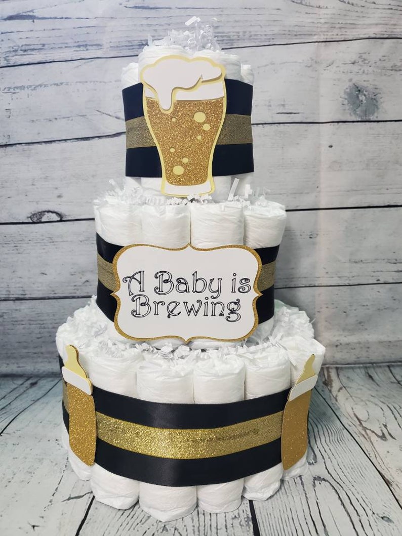 3 Tier Diaper Cake A Baby is Brewing Theme Black and Gold