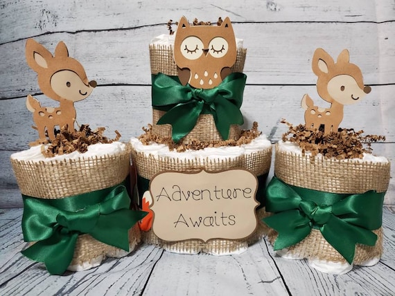 2 Tier Diaper Cake and mini 3 piece set - Adventure Awaits Woodland Theme - Green and Brown Fox Deer Owl Baby Shower Centerpiece