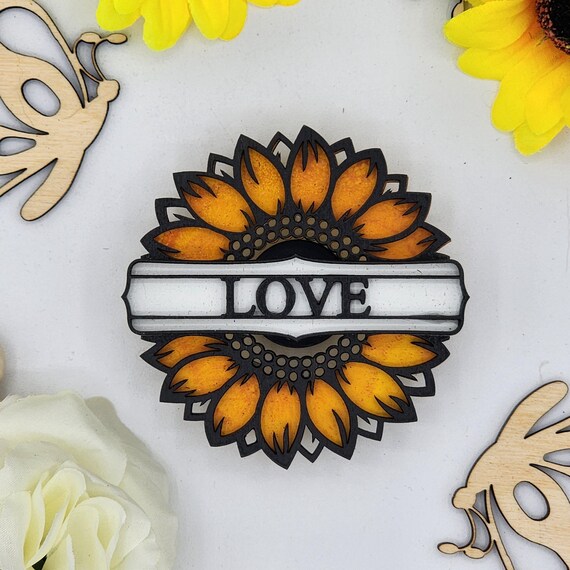 Love Sunflower Car Vent Clip with Diffuser foam pad Black Yellow - Simple Gifts, 3" Wood decor,Mothers Day Gift Grandparents Gift Home Decor