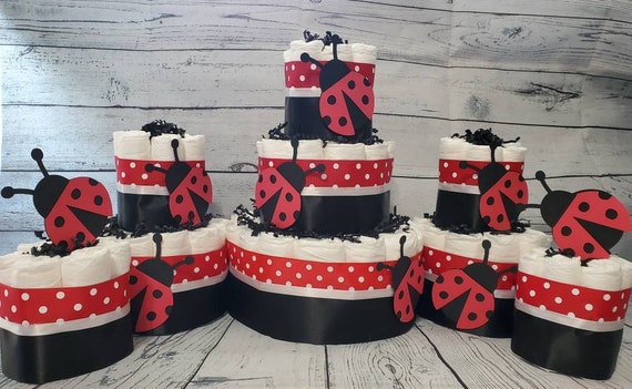 Lady Bug Theme - 3 Tier Diaper Cake 5 piece set - Red Polka Dot and Black Baby Shower Centerpiece