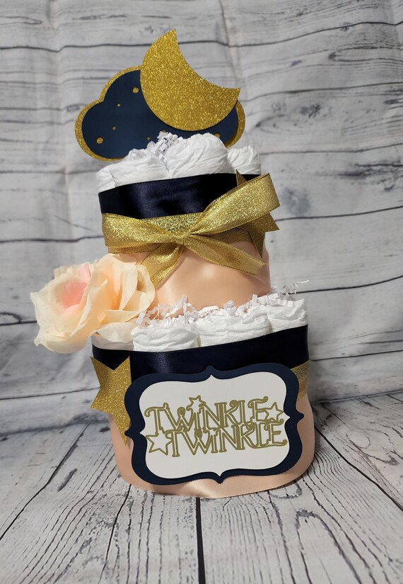 2 Tier Diaper Cake - Twinkle Twinkle  Diaper Cake Navy Blue and Gold Peach/ Star Diaper Cake / Navy Blue Diaper Cake - Twinkle Twinkle Cake