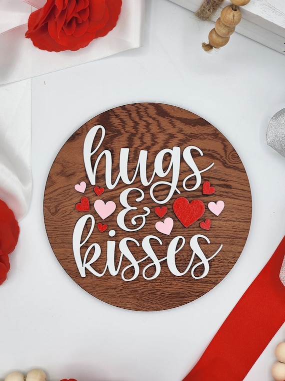 Hugs and Kisses Hearts - 6" Round INSERT ONLY - Valentine Day Theme, Red White Pink Hearts Signs for Interchangeable Round Frame