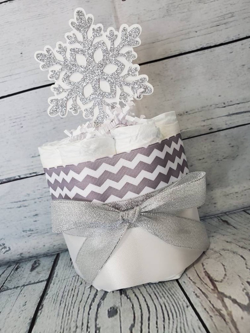 2 Tier Diaper Cake and mini 3 piece set Baby it's Cold Outside Theme Silver Snowflakes Red Blue Pink Winter Theme Baby Shower image 8